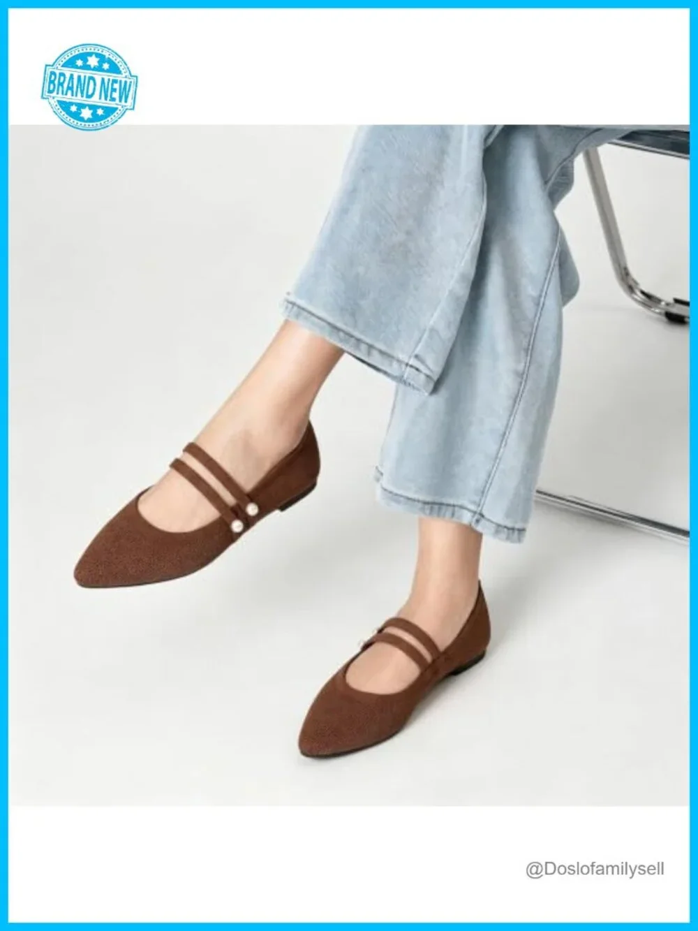 Pointed Toe Mary Jane Ballet Flats Pearl Strap Memory Foam Knit